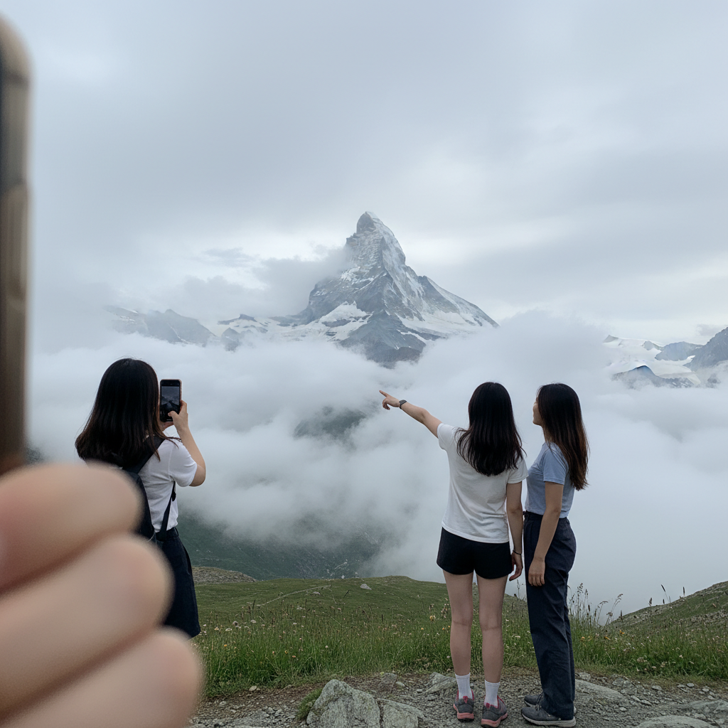구름 사이로 모습을 드러낸 마터호른 산봉우리와 그 앞에 서 있는 사람들