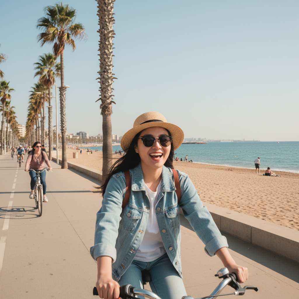 바르셀로네타 해변을 따라 자전거를 타는 모습, 뒤로 푸른 지중해가 보임