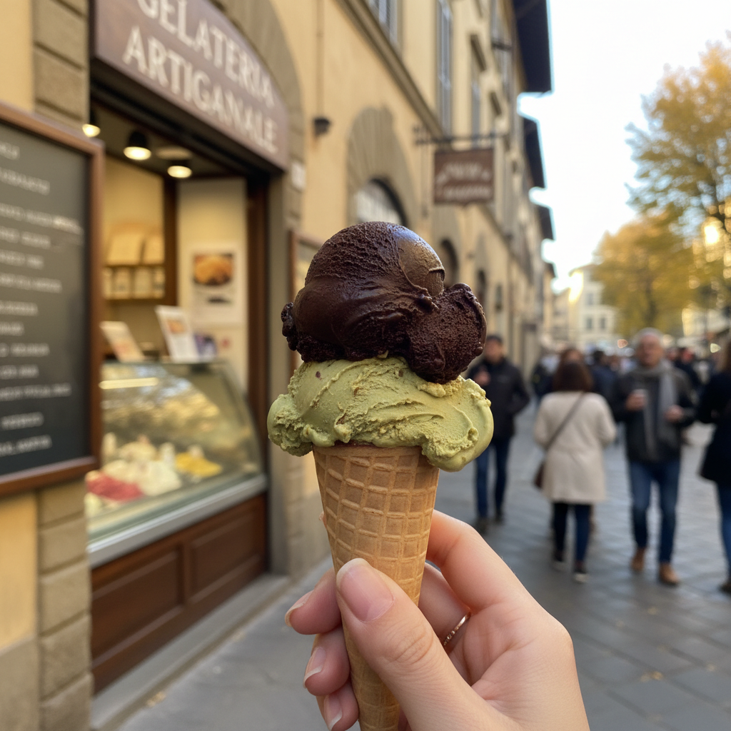 피렌체의 유명한 젤라토 가게에서 먹은 다양한 색상의 젤라토
