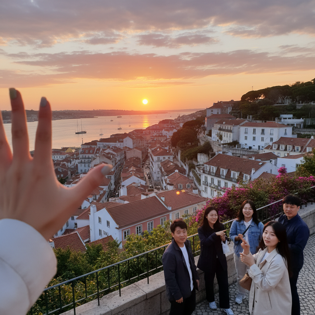 포르투갈 리스본의 알파마 지구 언덕 위에서 바라본 석양 풍경