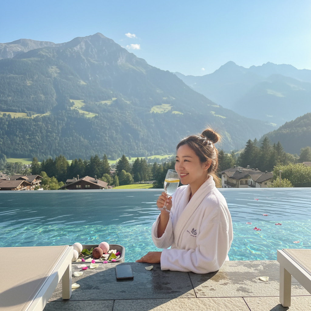 알프스가 보이는 인피니티 풀에서의 럭셔리한 스파 경험