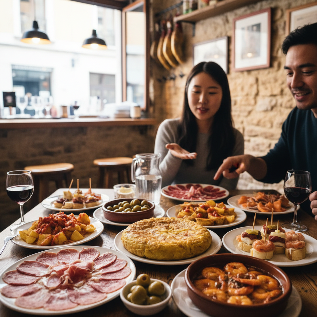 작은 타파스 바에서 다양한 스페인 전통 타파스 요리들이 테이블에 놓인 모습