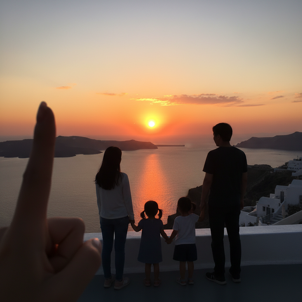 산토리니 일몰을 배경으로 한 가족 실루엣