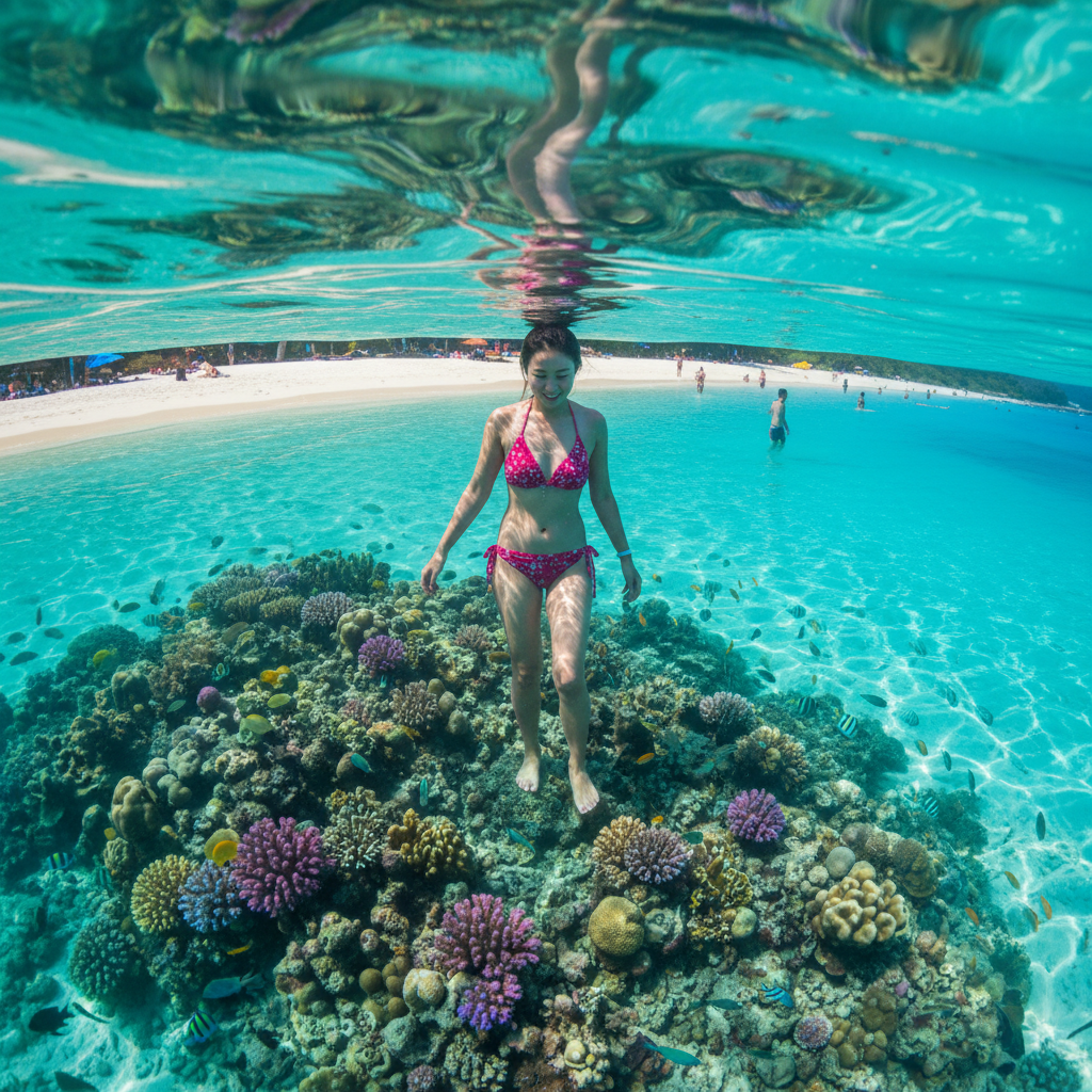 투명한 바다와 산호초가 보이는 산호섬 해변