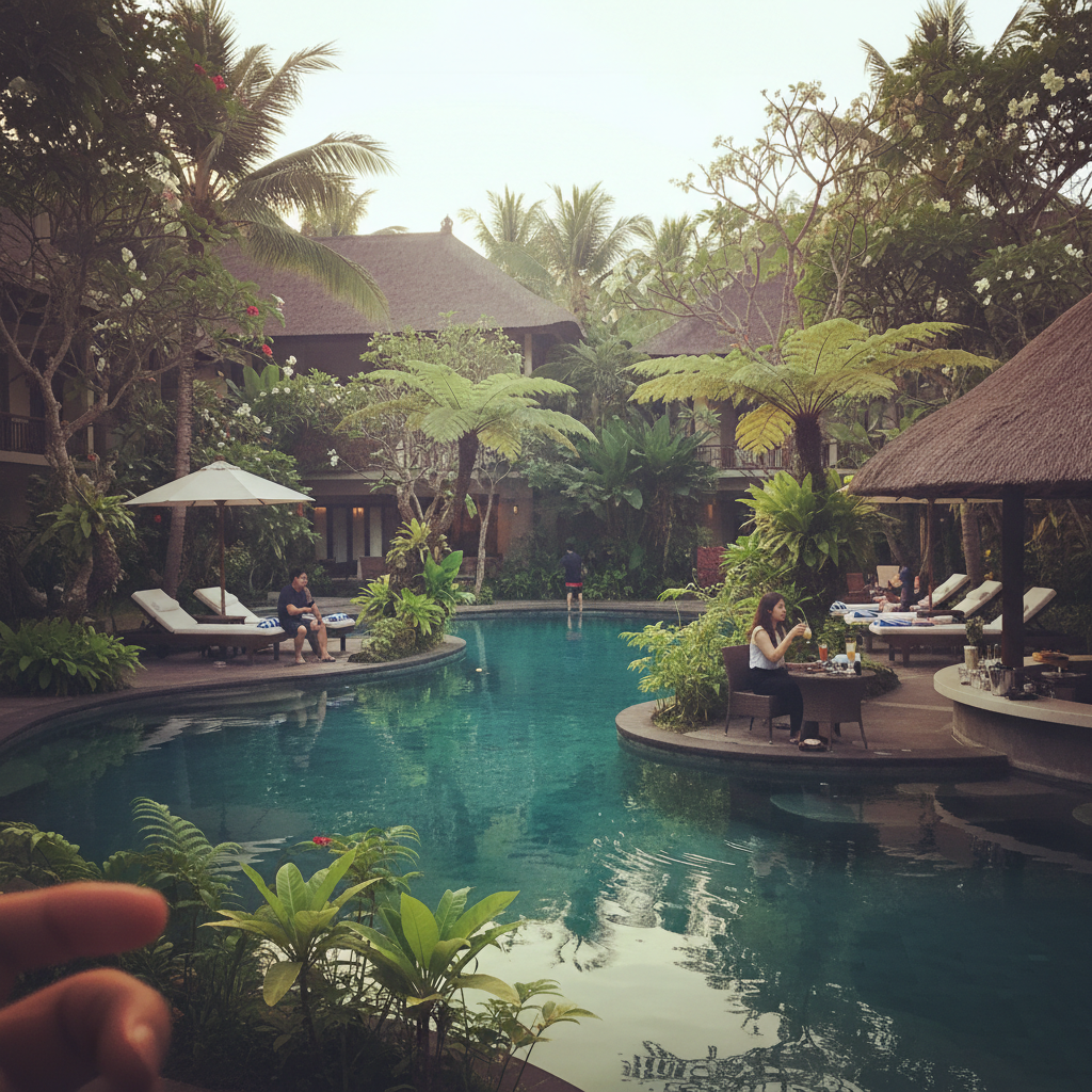 열대 식물로 둘러싸인 호텔 수영장