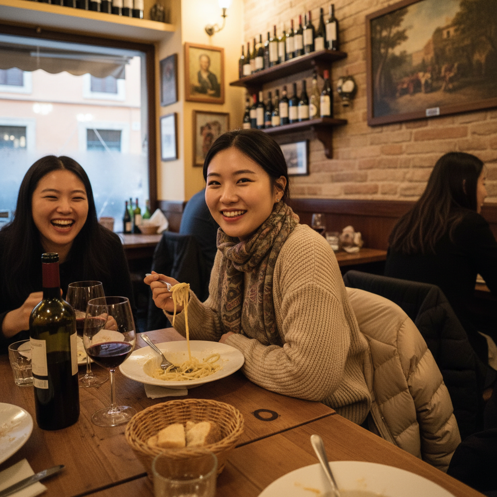 로마 현지 트라토리아에서 파스타와 와인을 즐기는 모습