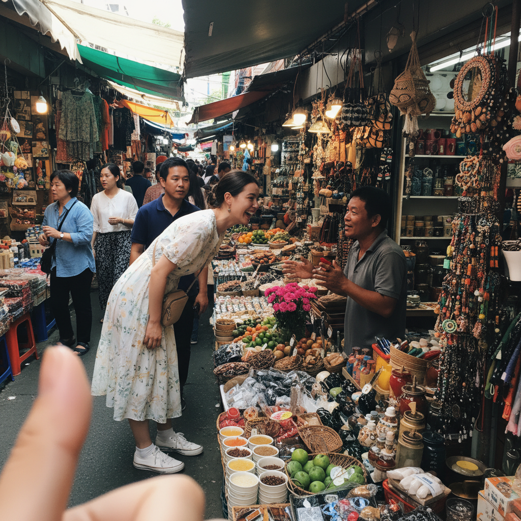 짜뚜짝 시장의 다양한 상품들과 현지인들과 대화하는 모습