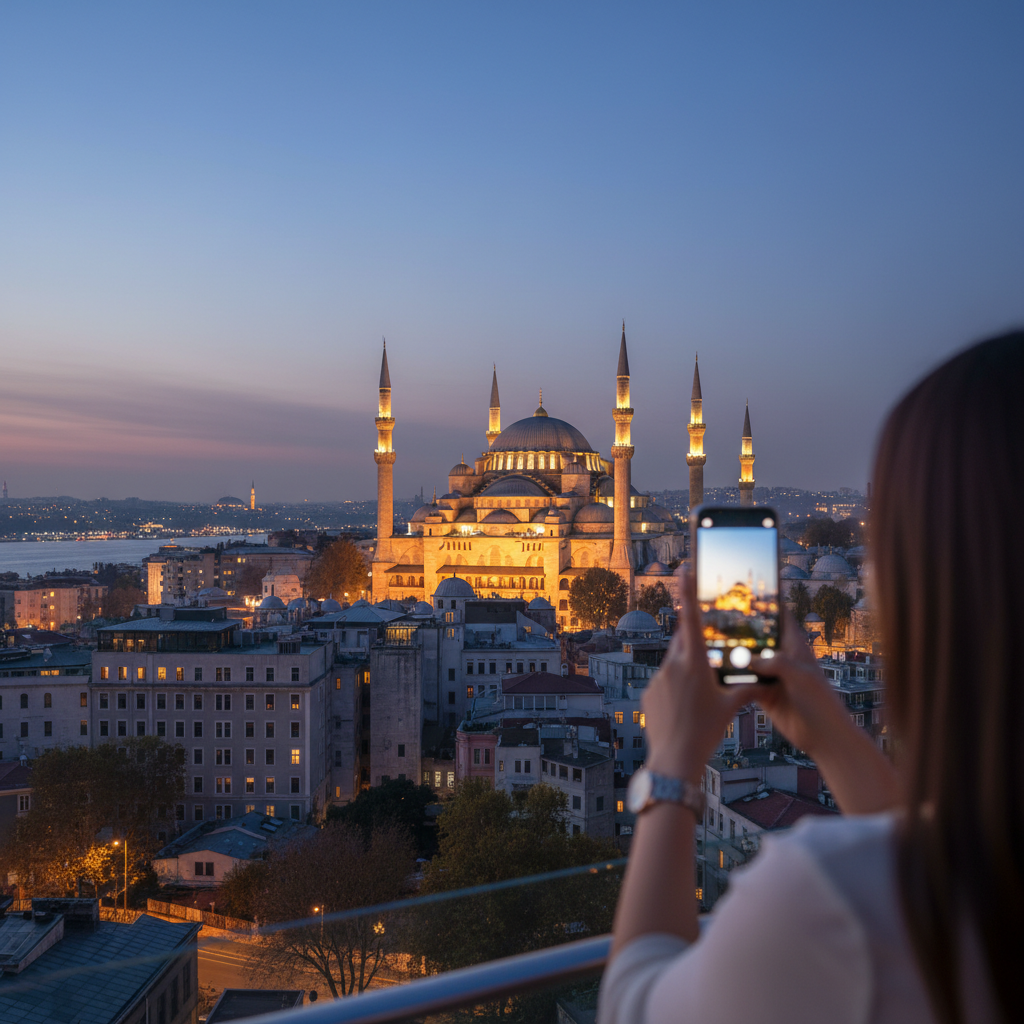 밤의 이스탄불 스카이라인과 불빛으로 빛나는 모스크