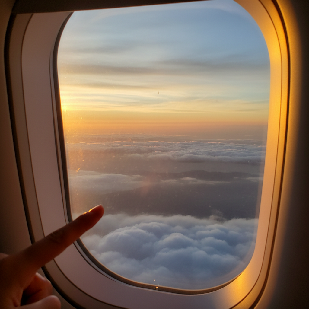 비행기 창문으로 보이는 구름 위 일출 풍경