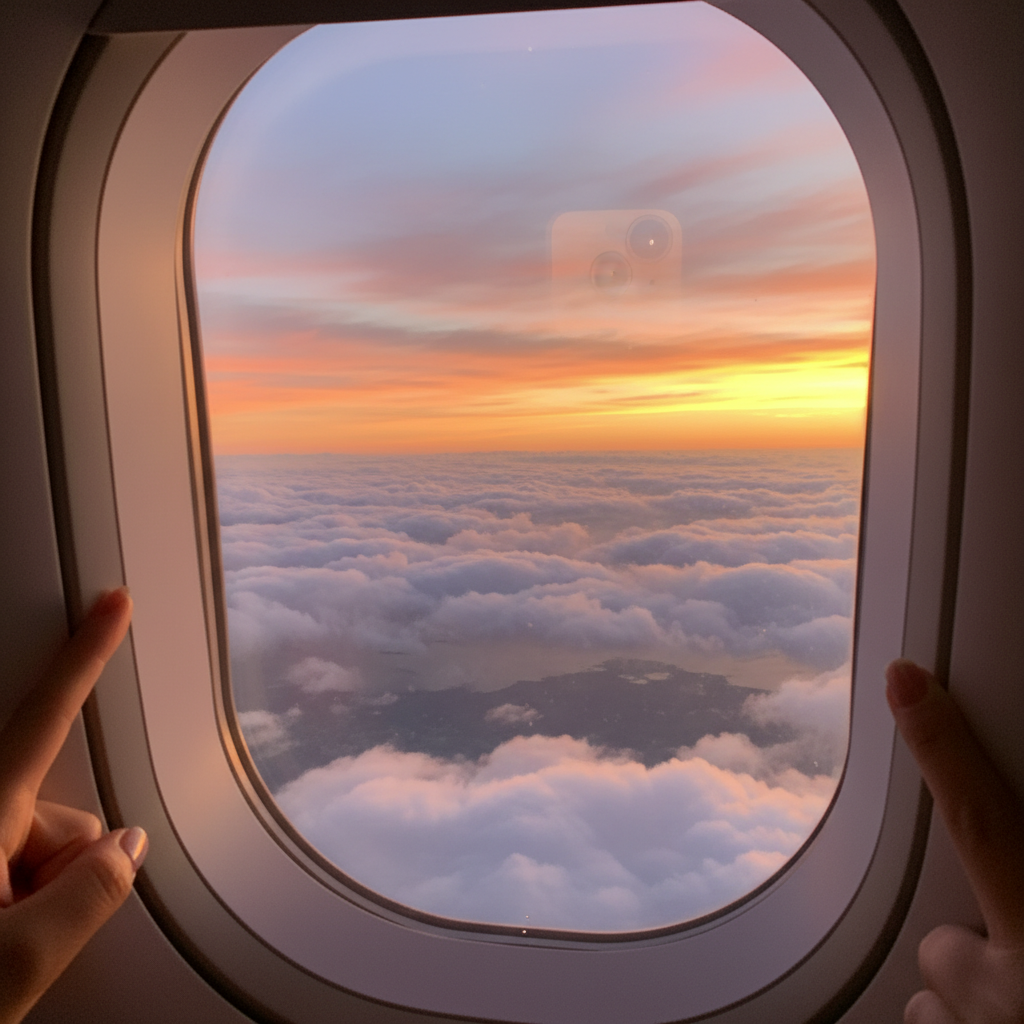 비행기 창문으로 보이는 석양과 구름