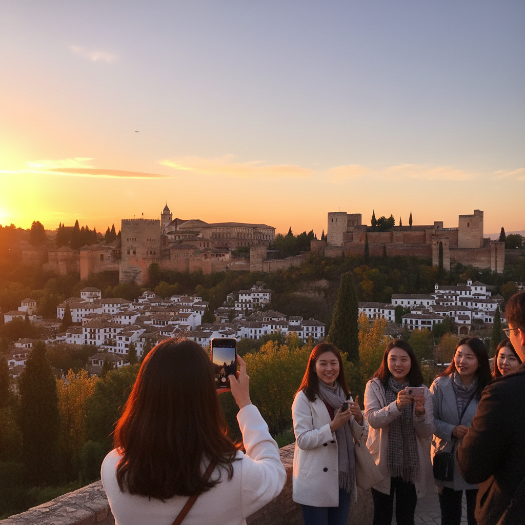 스페인 그라나다의 알바이신 지구에서 바라본 알함브라 궁전과 석양