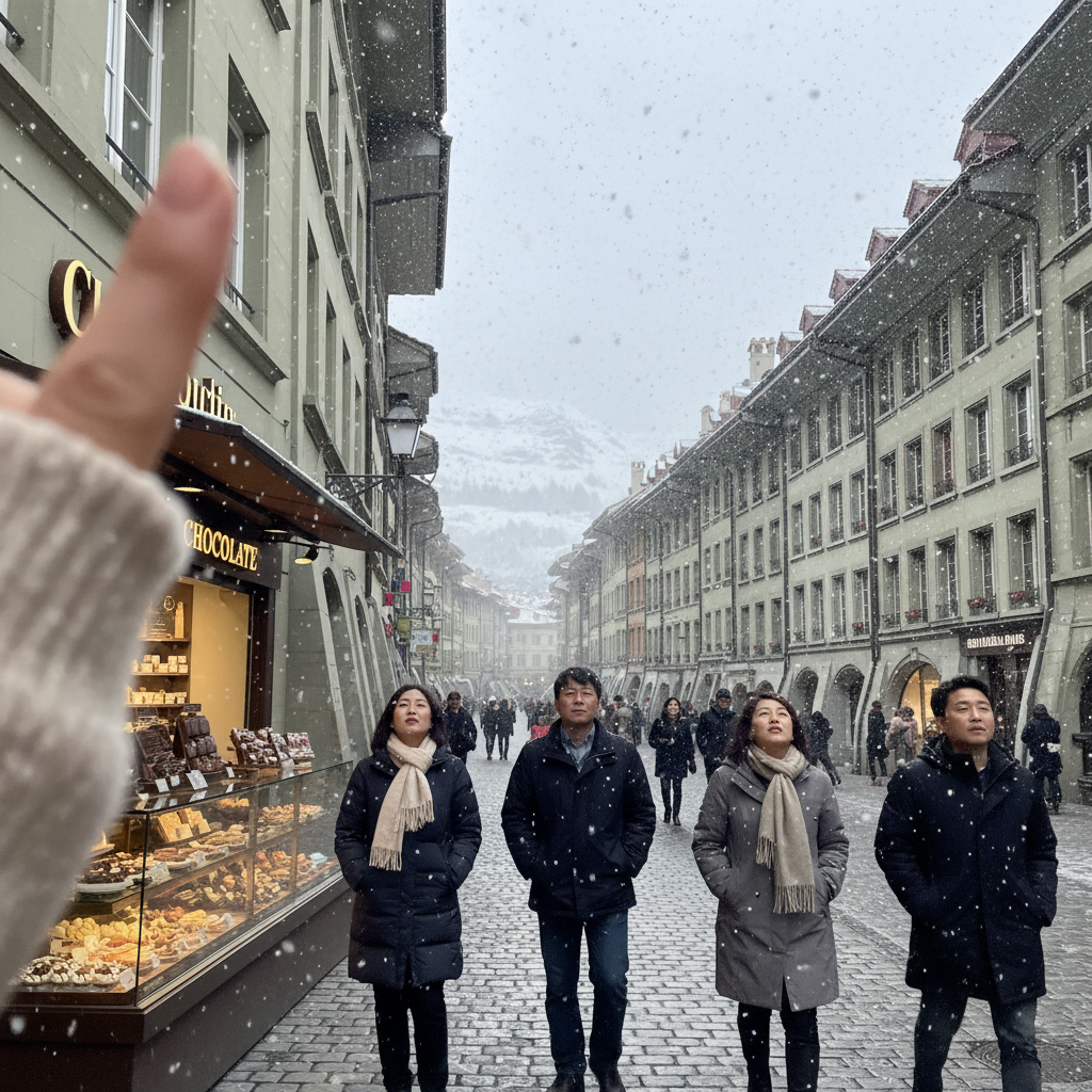 스위스 베른의 중세 도시 거리와 알프스 산맥이 보이는 전경