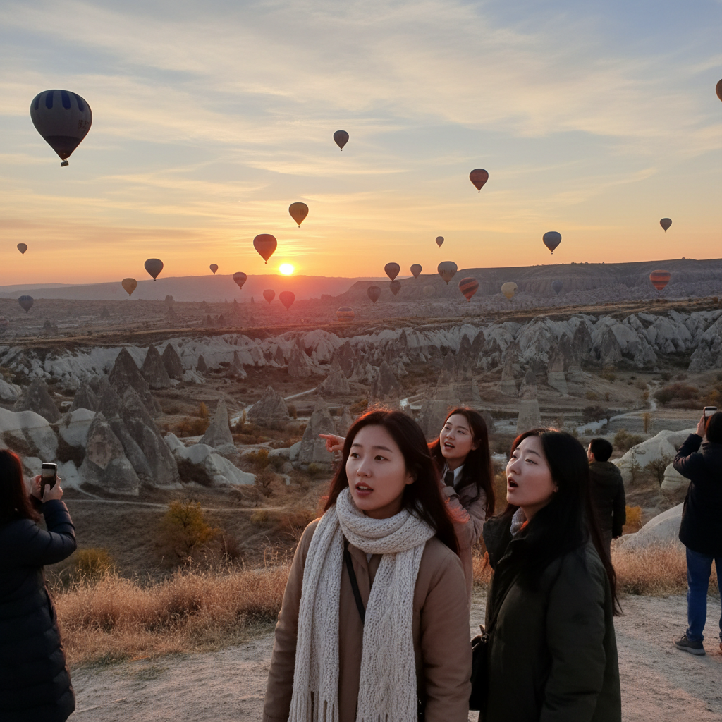 카파도키아 상공에서 열기구들이 떠 있는 환상적인 일출 장면