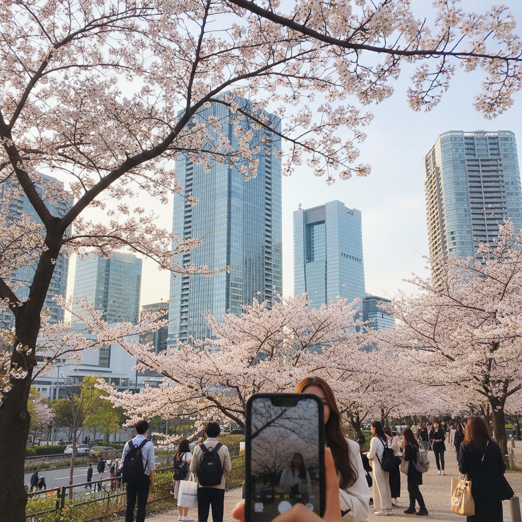 도쿄 시내 벚꽃과 현대적 건물이 어우러진 전경