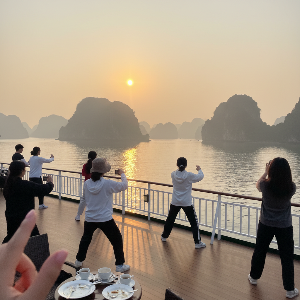 하롱베이 크루즈 선상에서 바라본 일출 풍경