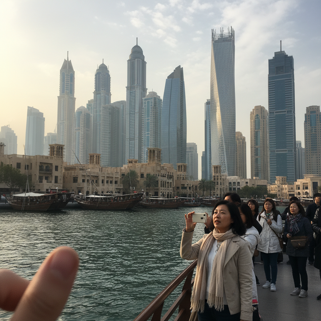 두바이 크릭에서 바라본 전통 건물과 현대적 마천루의 대비