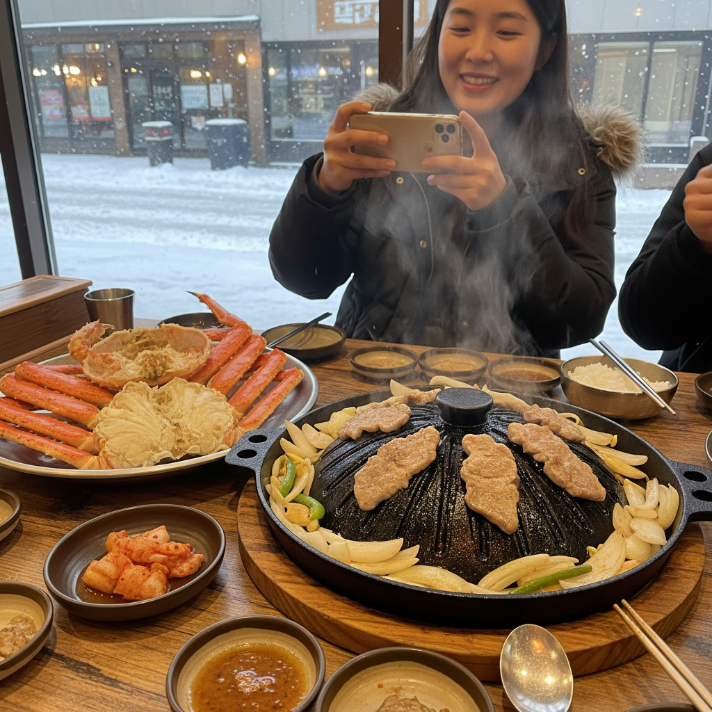 삿포로에서 맛본 타라바가니와 징기스칸 요리
