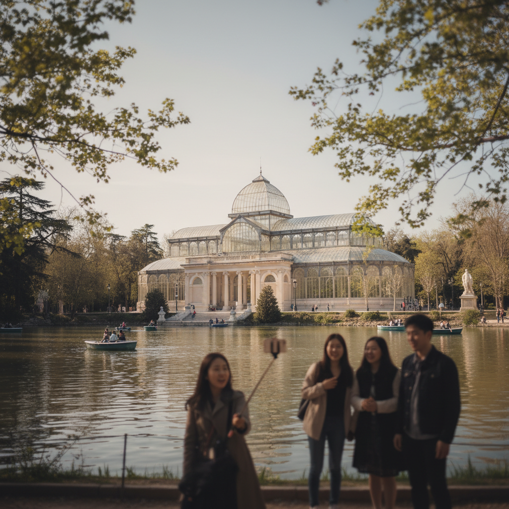 마드리드 레티로 공원의 수정궁과 호수 전경