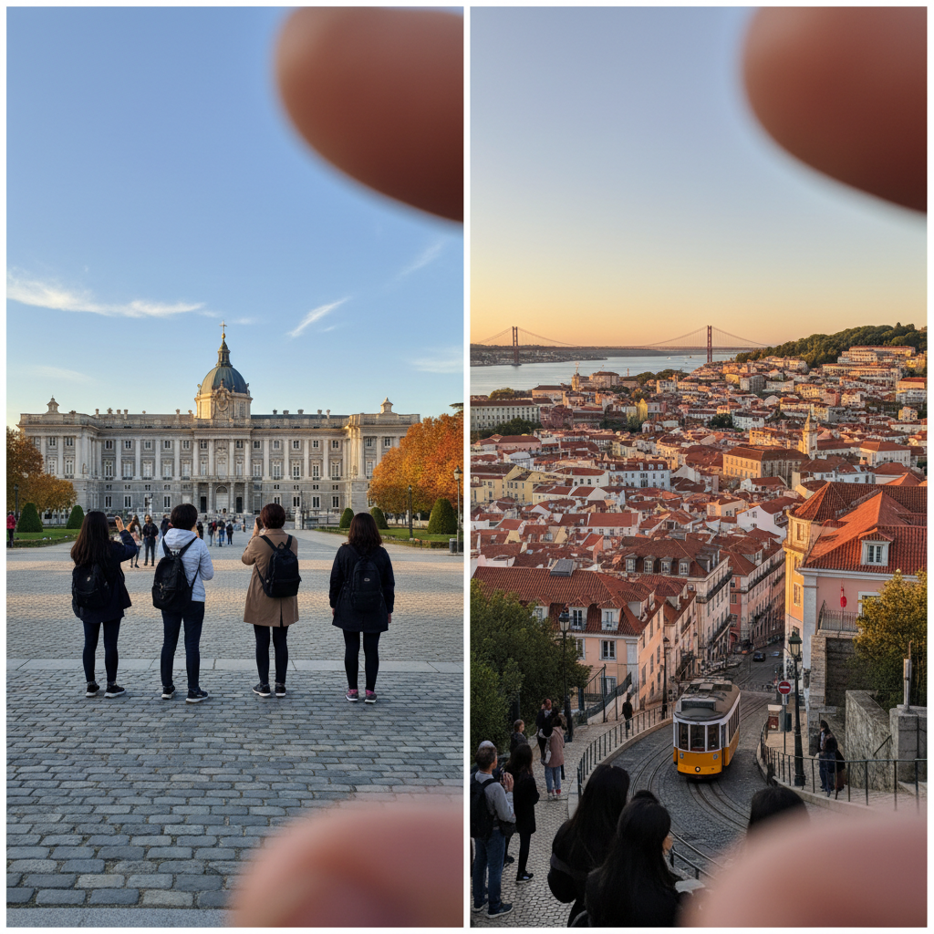 스페인 마드리드 왕궁과 포르투갈 리스본 전경이 담긴 콜라주