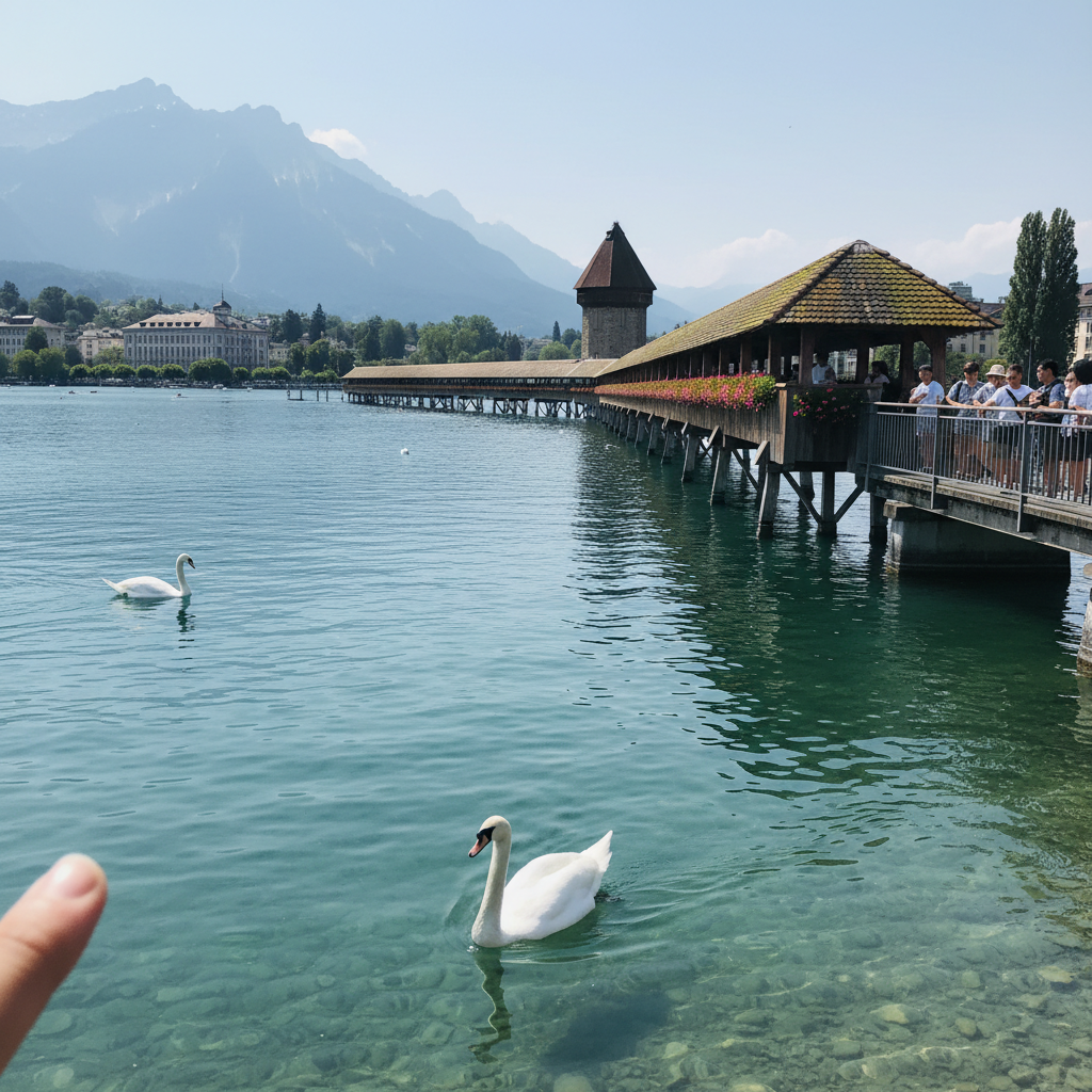 루체른 호수와 알프스 산맥을 배경으로 한 카펠교 전경과 호수에 떠 있는 백조들