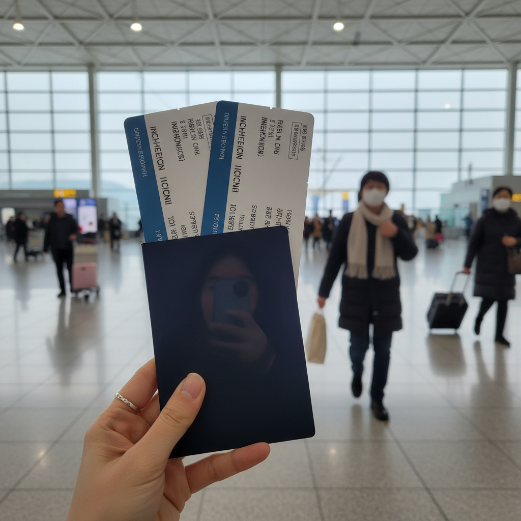 인천공항 출발장에서 여권과 티켓을 들고 있는 모습