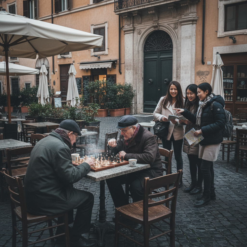 로마의 작은 광장에서 체스를 두는 현지 할아버지들과 주변 카페 풍경
