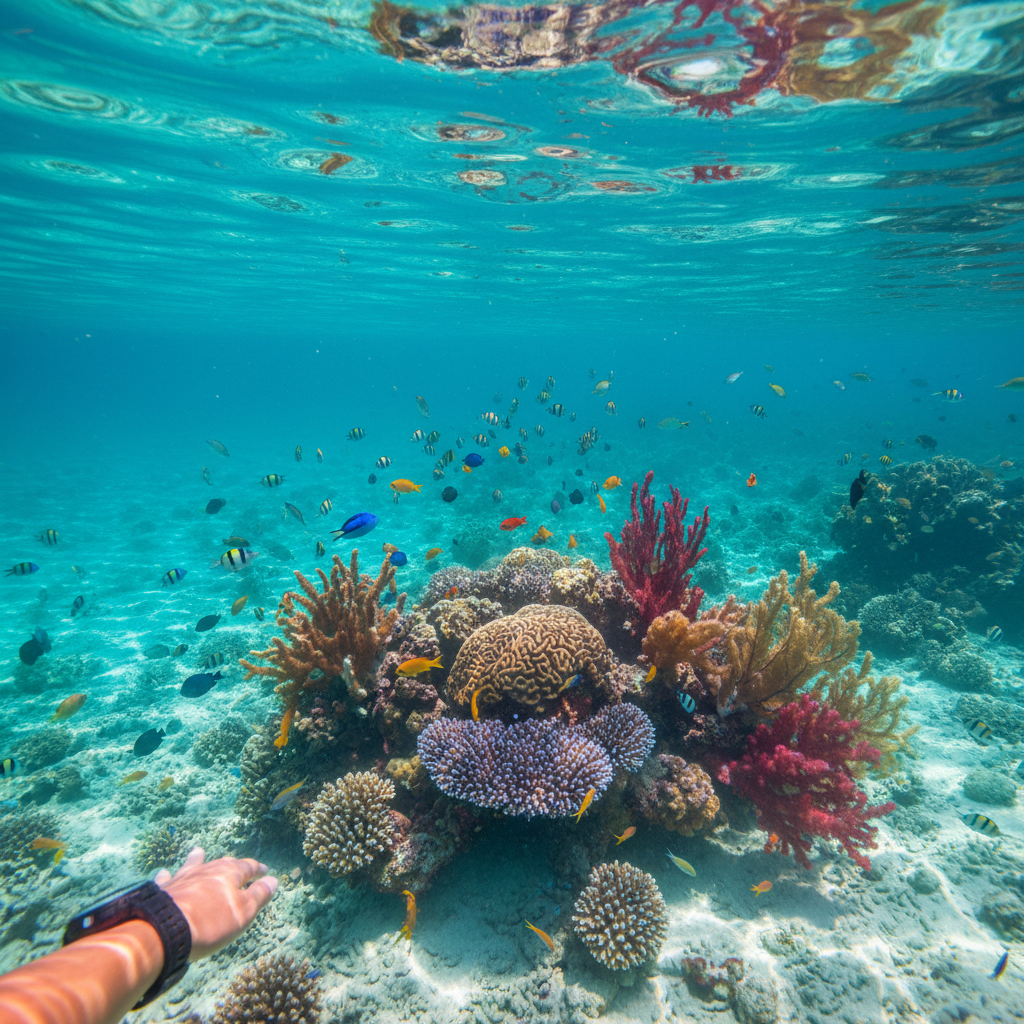 투명한 바다 속 다양한 색상의 열대어와 산호초