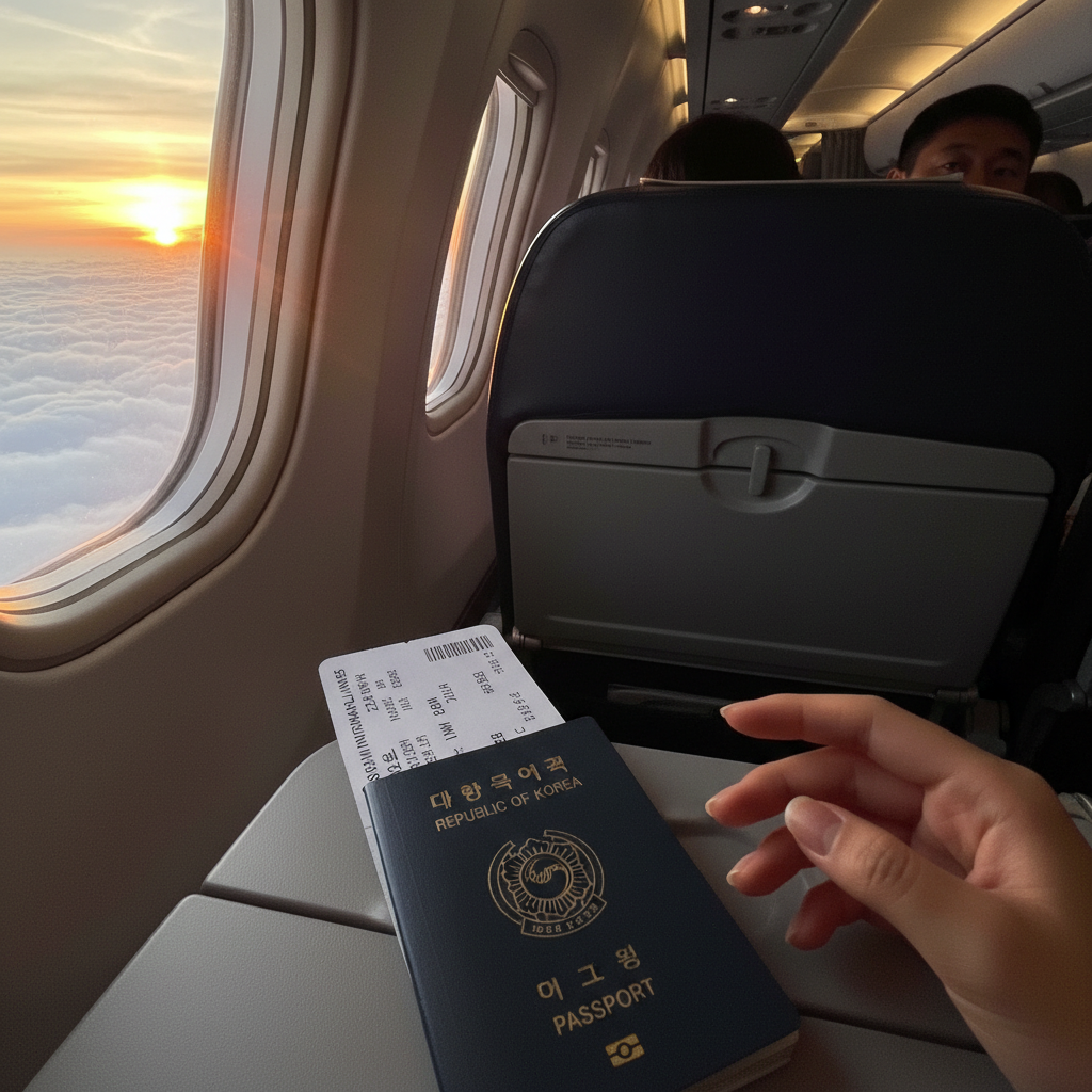 비행기 창문 너머로 보이는 구름 위의 일출과 여권, 티켓이 놓인 모습
