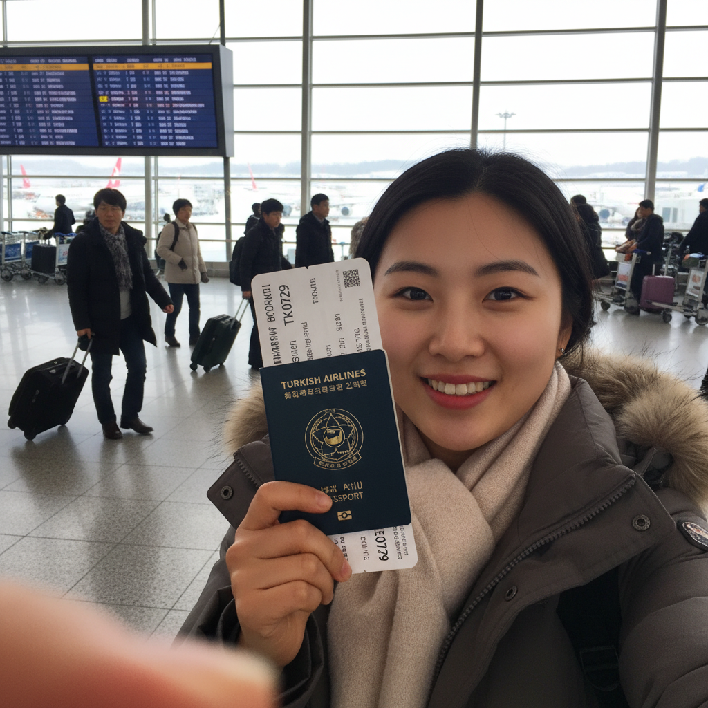 인천공항 출국장에서 여권과 항공권을 들고 찍은 셀카