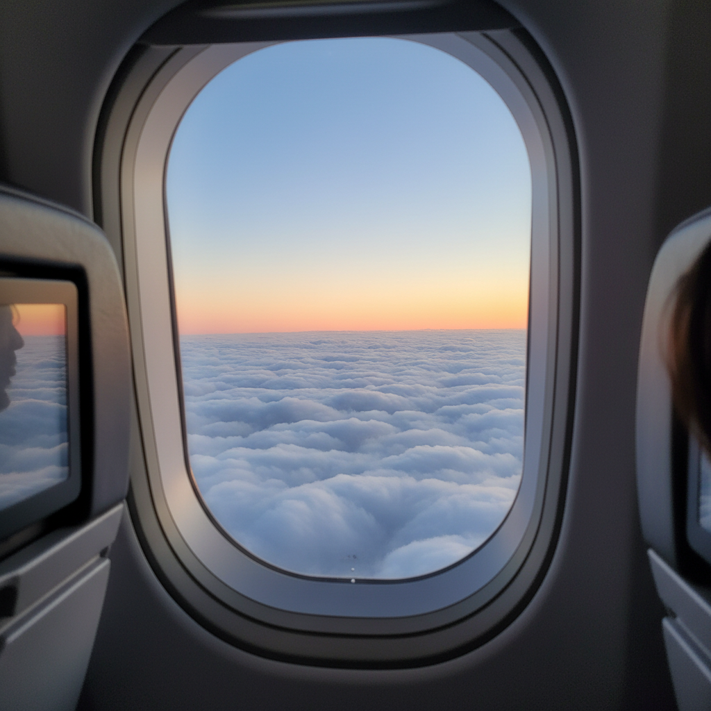 비행기 창문으로 바라본 하늘과 구름