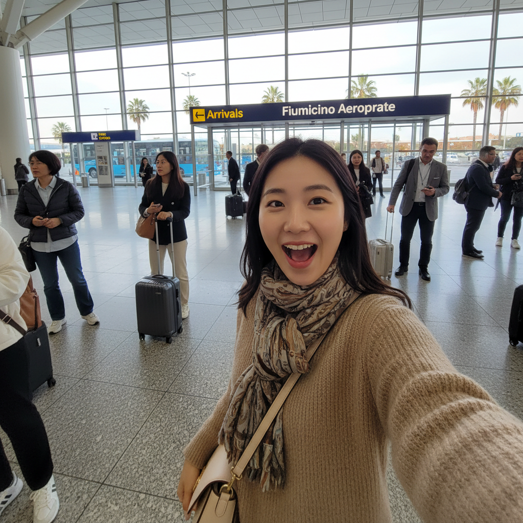 로마 공항에 도착해 설레는 표정으로 찍은 셀카