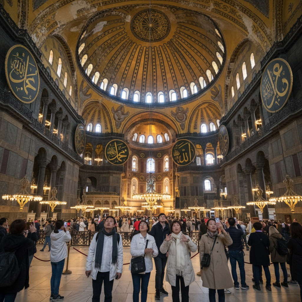 아야 소피아의 웅장한 내부와 빛이 스며드는 돔