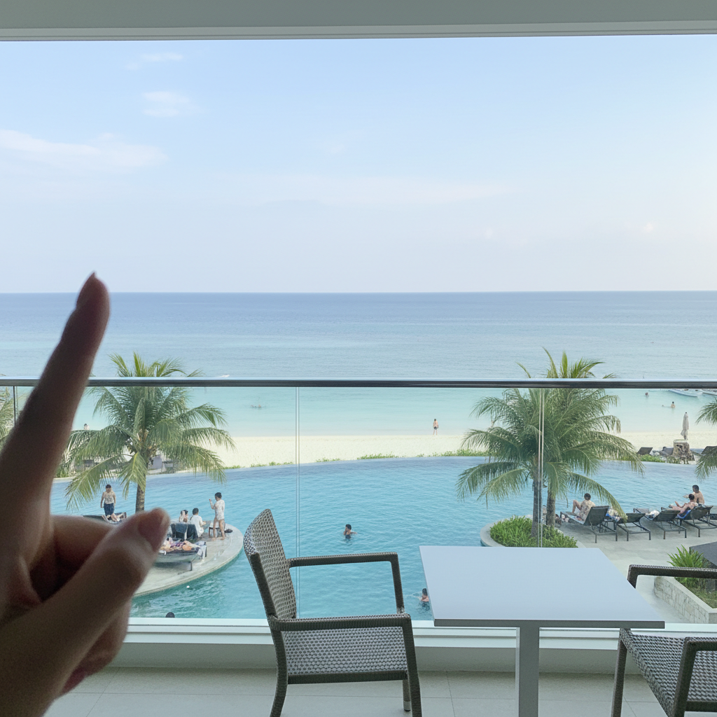 호텔 방에서 바라본 오션뷰와 수영장