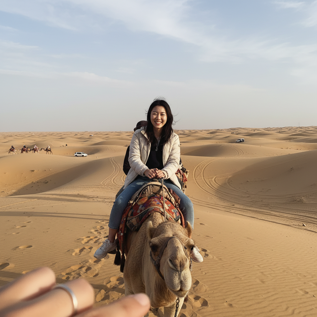 황금빛 사막에서 낙타를 타고 있는 모습