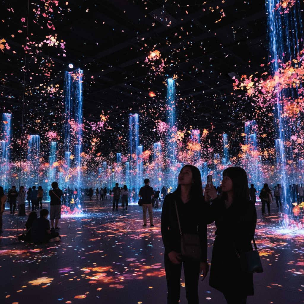 팀랩 보더리스의 환상적인 빛의 설치미술과 그 속에 서 있는 사람들 실루엣