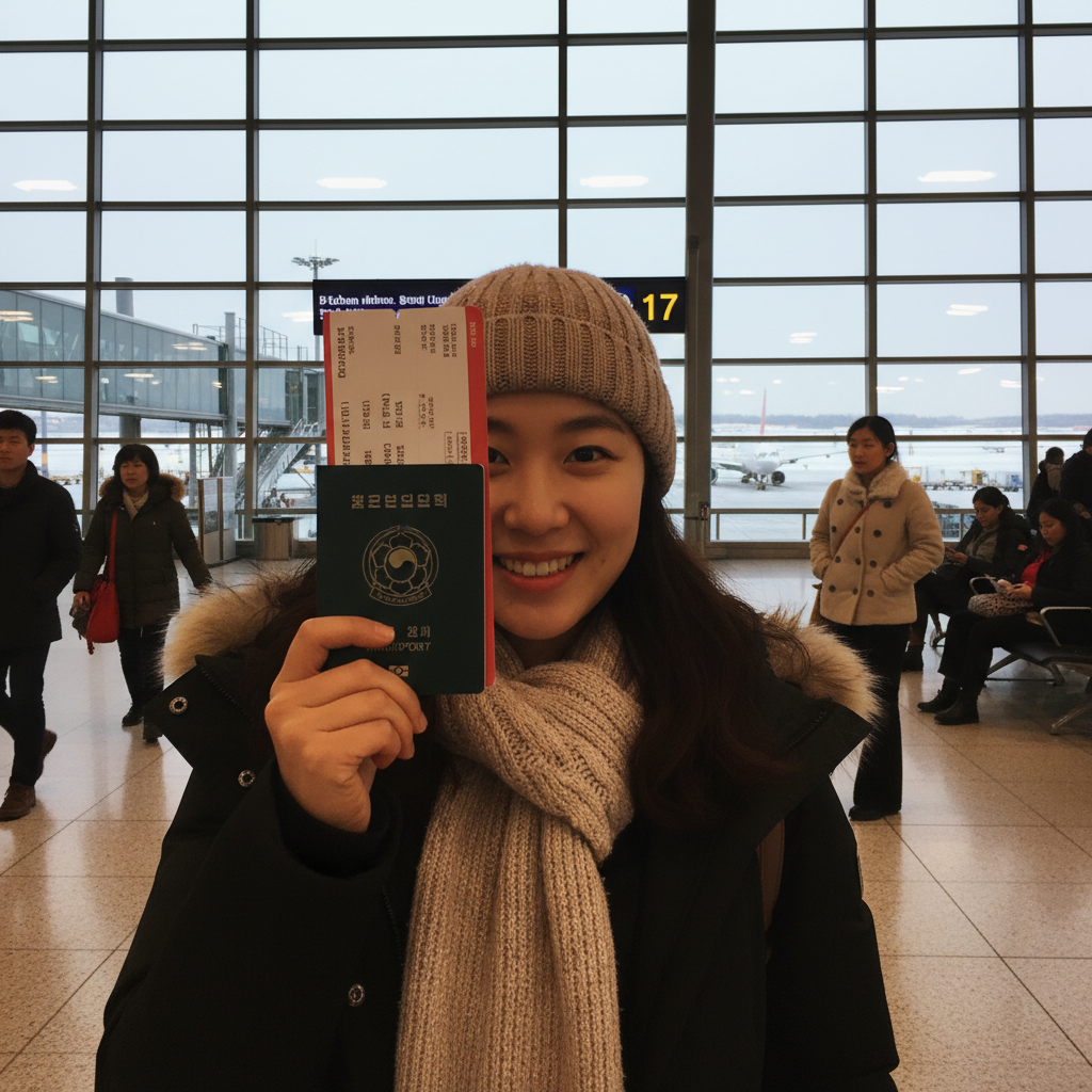인천공항 출발 게이트에서 여권과 탑승권을 들고 찍은 셀카