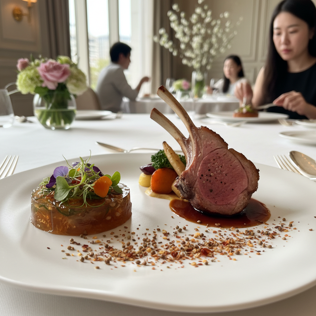 르 노르망디 레스토랑의 예술적인 코스 요리 플레이팅