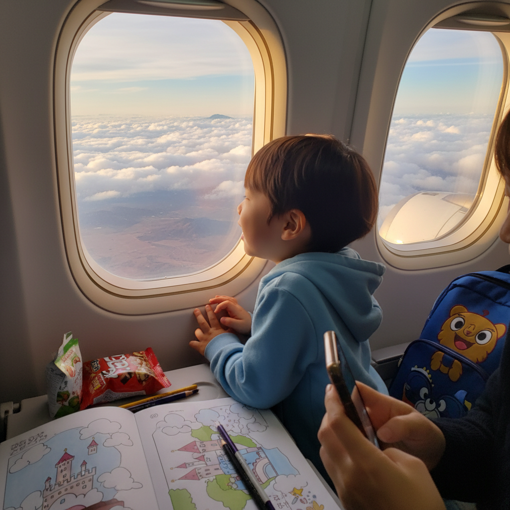 비행기 창가에서 구름을 보는 아이의 모습