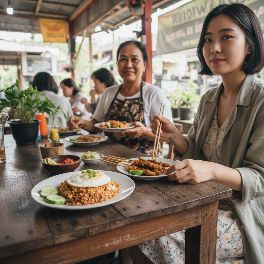 현지 워룽에서 먹은 나시고렝과 사테 아얌