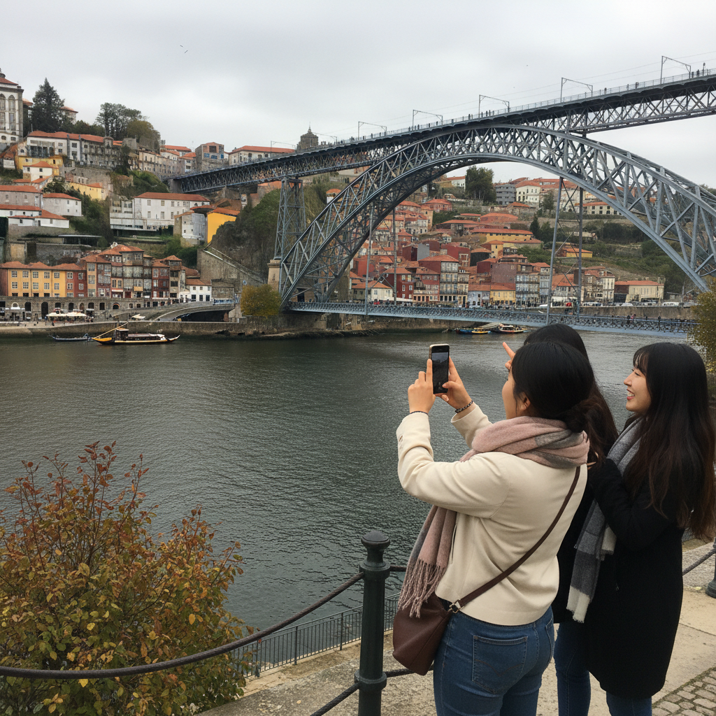 포르투의 두로강 변 다채로운 건물들과 돔 루이스 다리 전경