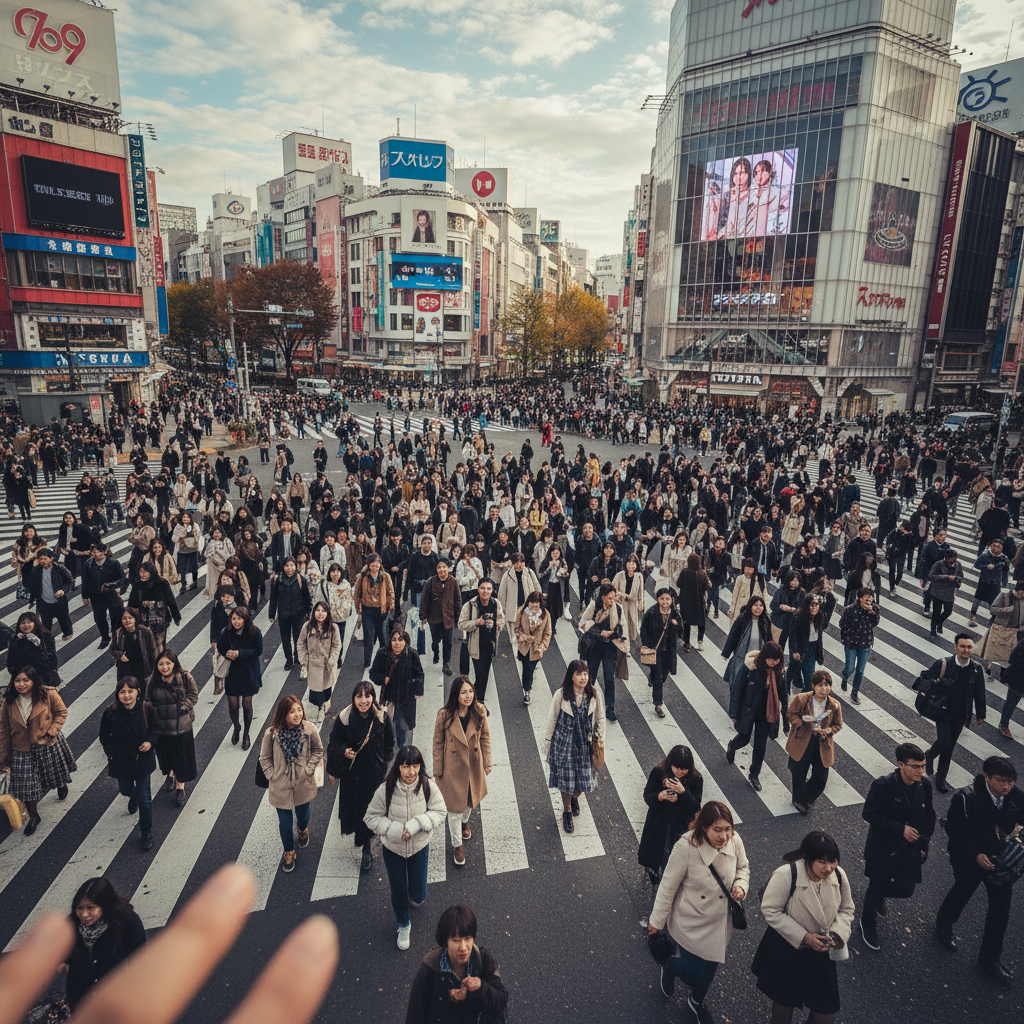 사람들로 가득한 시부야 스크램블 교차로와 하늘에서 바라본 전경