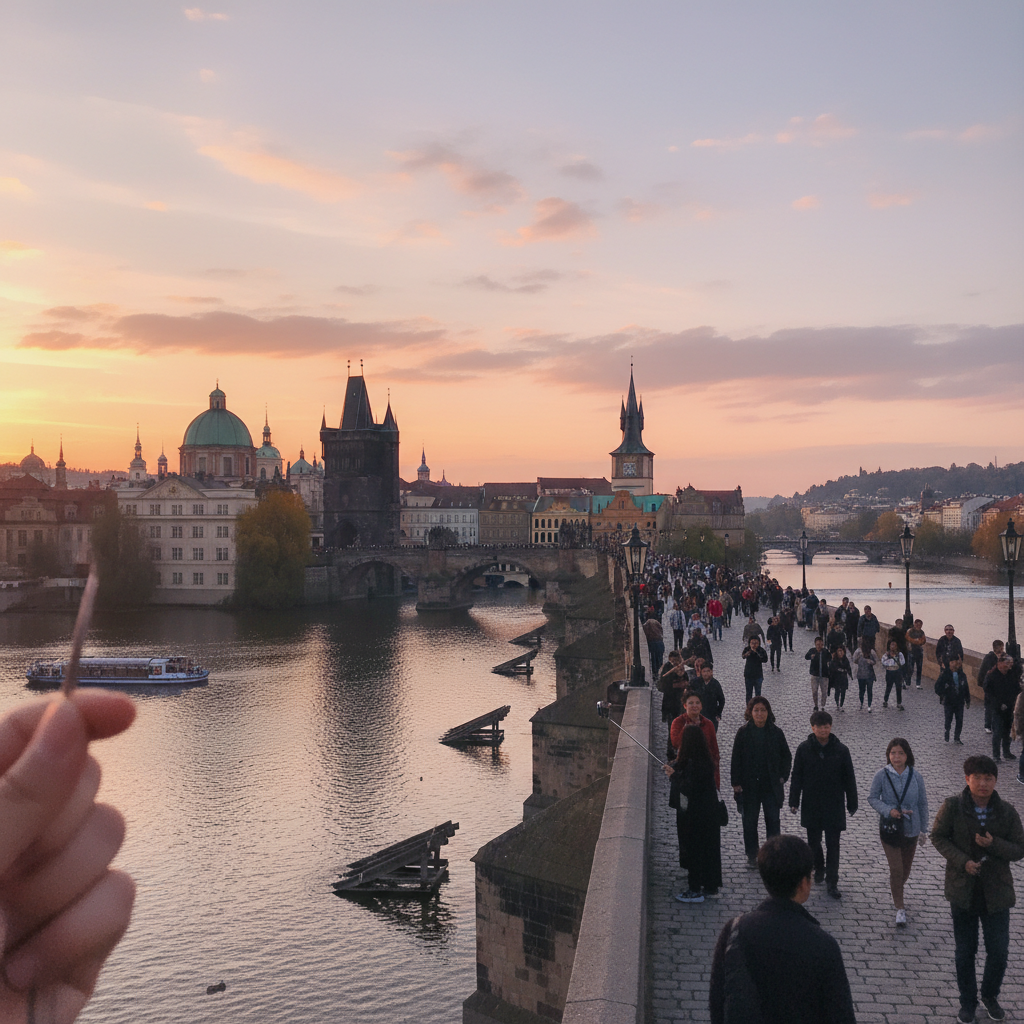 프라하 구시가지 전경과 카를교의 일몰