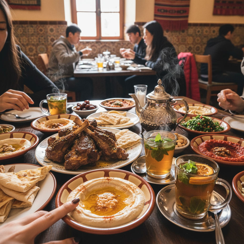 다양한 아랍 전통 음식과 허브차가 담긴 식탁