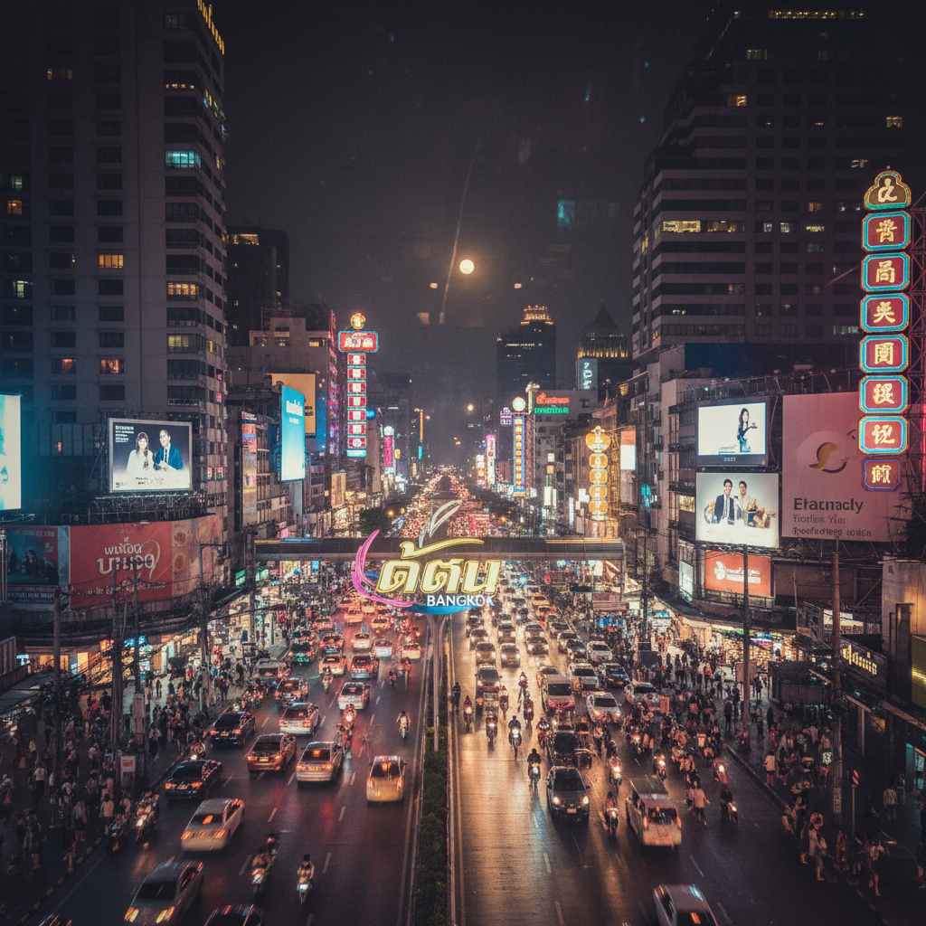 방콕 시내의 화려한 야경과 분주한 거리 모습