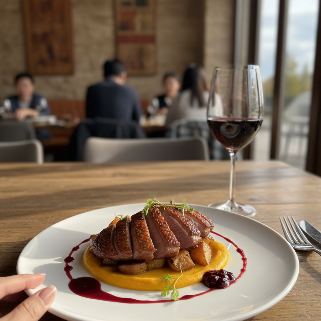 코토 레스토랑의 아름답게 플레이팅된 메인 요리와 와인