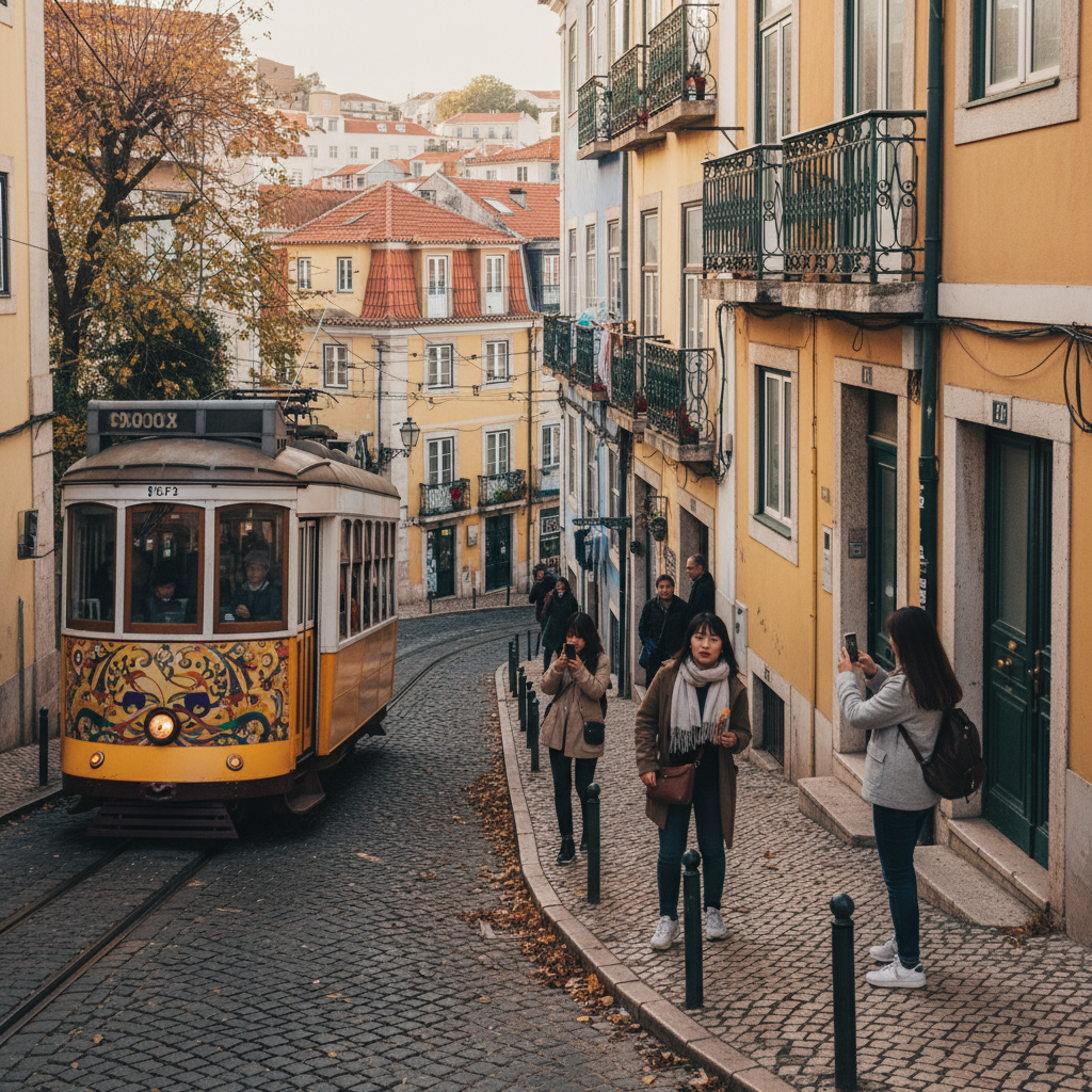 리스본의 전통 노란색 트램과 좁은 골목길 풍경