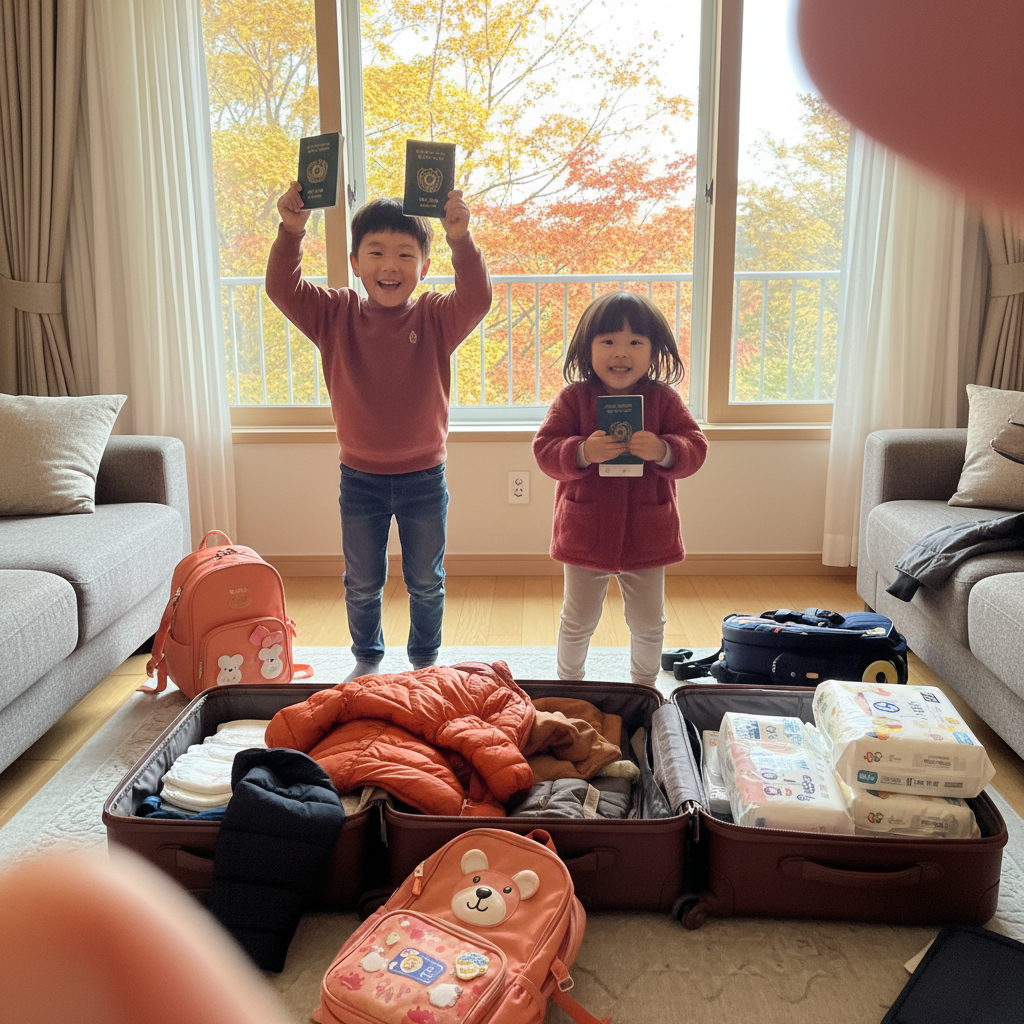 출발 준비 중인 아이들이 여권을 들고 신나하는 모습