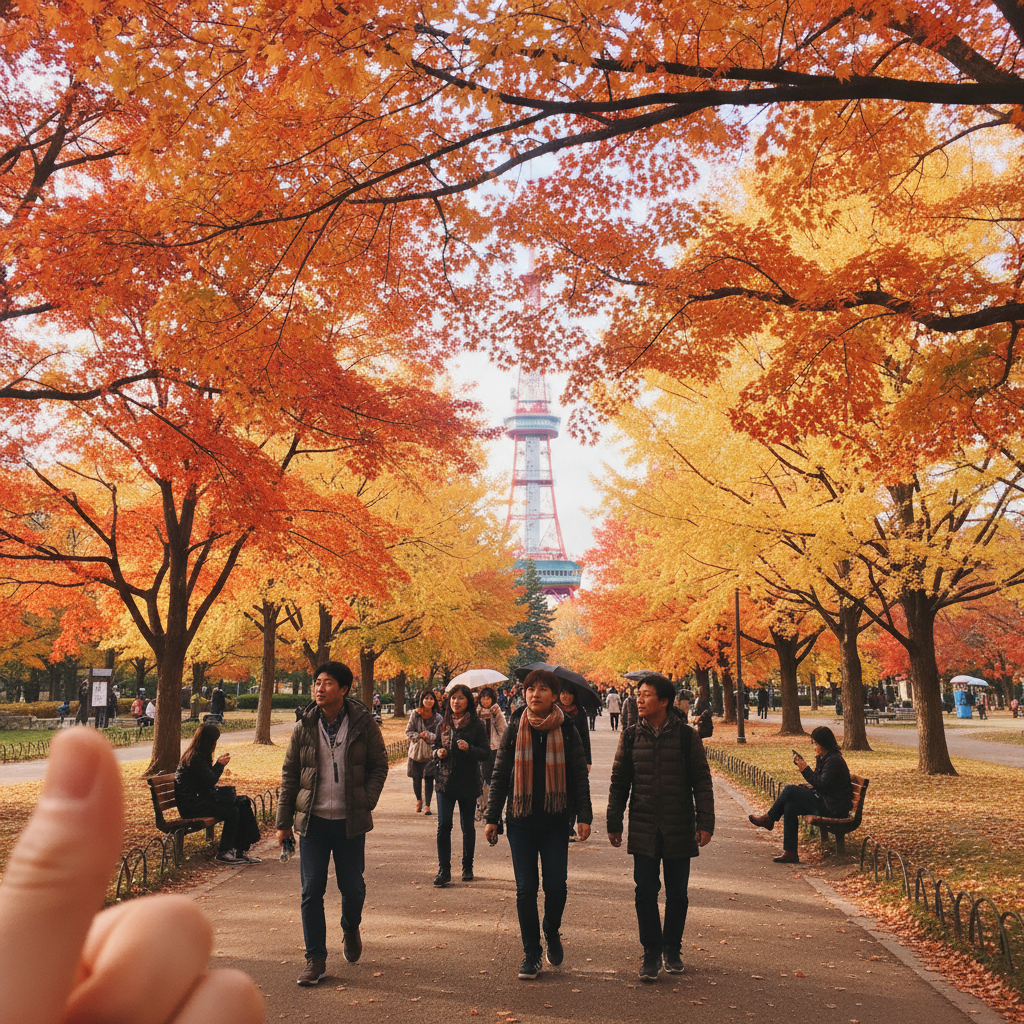 가을 단풍으로 물든 오도리 공원과 삿포로 TV타워