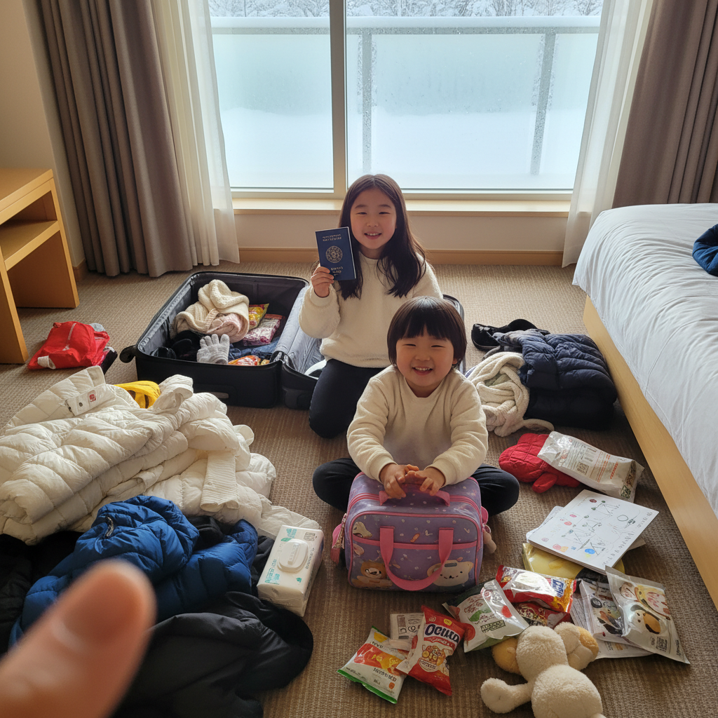 아이들이 여행 가방을 챙기며 들뜬 모습