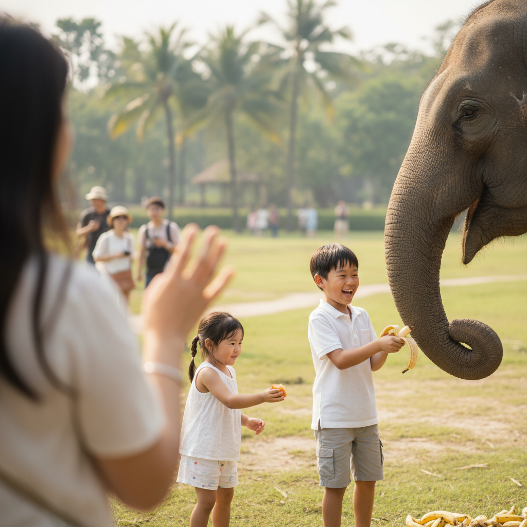코끼리에게 먹이를 주는 아이들